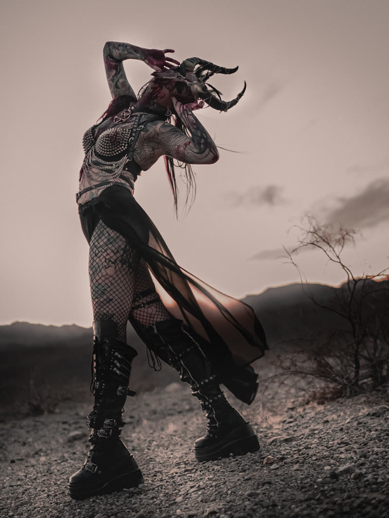 Horned silhouette turning against the desert sky