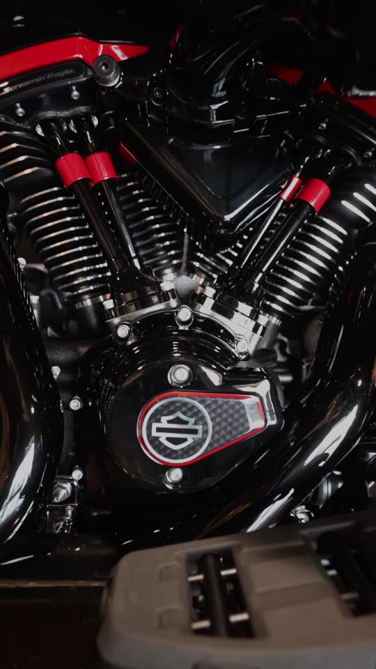 Engine and shock detail on the gray Street Glide
